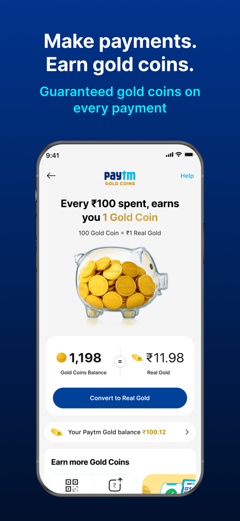 Interfaz de la aplicación Paytm que muestra el programa de recompensas de monedas de oro y la conversión de saldo