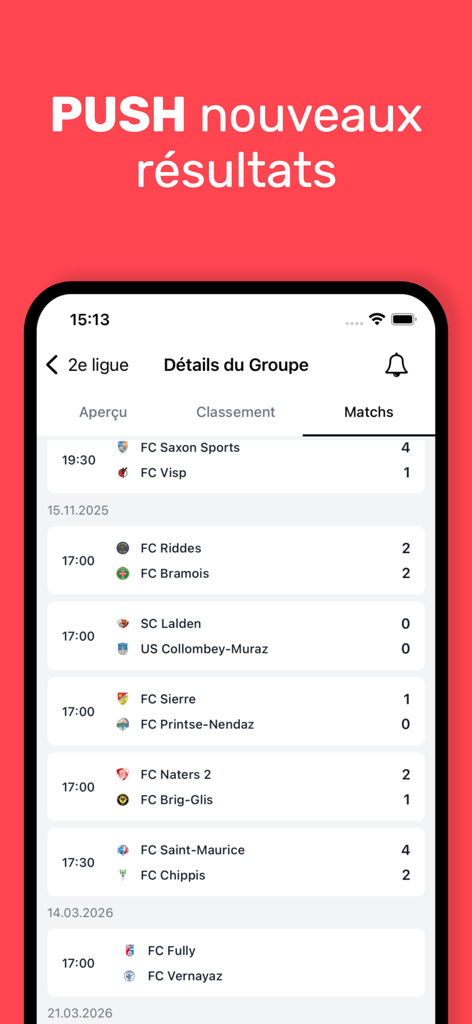 Footstats app interface displaying Swiss soccer match results for the 2nd league with push notification features.