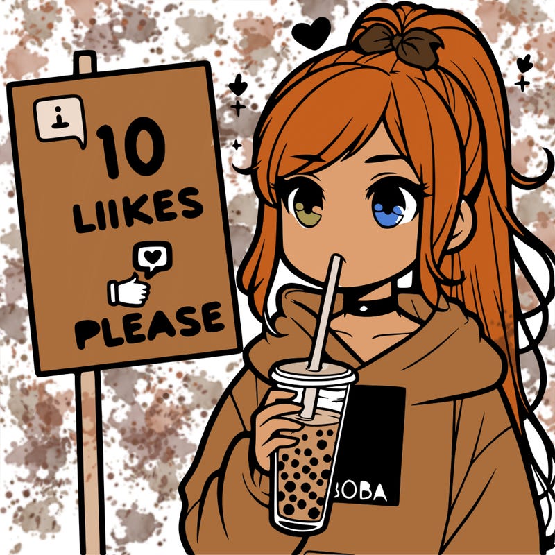 girl with a high ponytail and a hoodie drinking boba staring at a sign saying 10 likes please