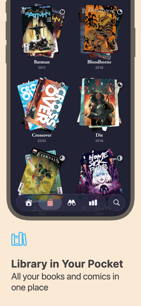 Mobile app interface showing a visual library of comic book and graphic novel covers on an iPhone