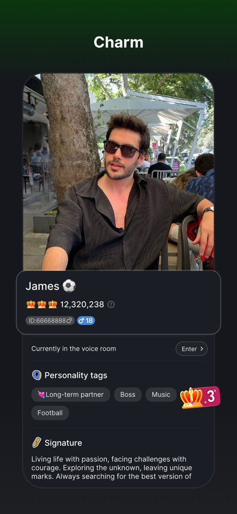 Alii-Elite Streamers, Vibes! - User profile page in the Alii app showing a charismatic streamer named James with his charm points and personality tags