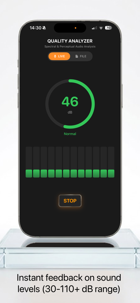 Tela do iPhone mostrando o aplicativo Quality Analyzer no modo ao vivo medindo níveis de som a 46 decibéis