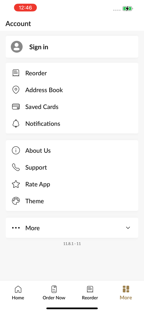 De Niros. - Account settings screen of the De Niros food delivery app showing options for sign in, reordering, and saved cards.