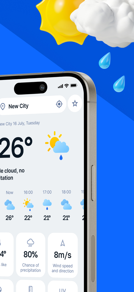 Meteoprog - Weather Forecast - Interfaccia dell'app di previsioni meteo Meteoprog con metriche di temperatura e velocità del vento