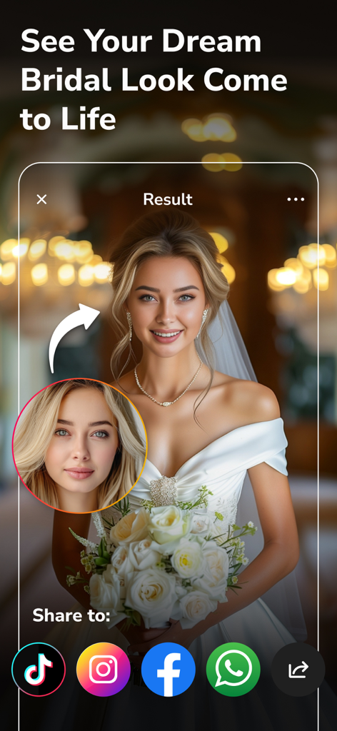 Das Gesicht einer Frau wird mit dem Swappy KI-Generator auf eine Braut in einem Hochzeitskleid getauscht.