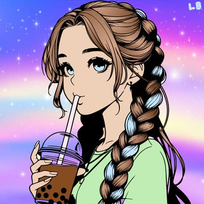 realistic girl with braided hair drinking boba