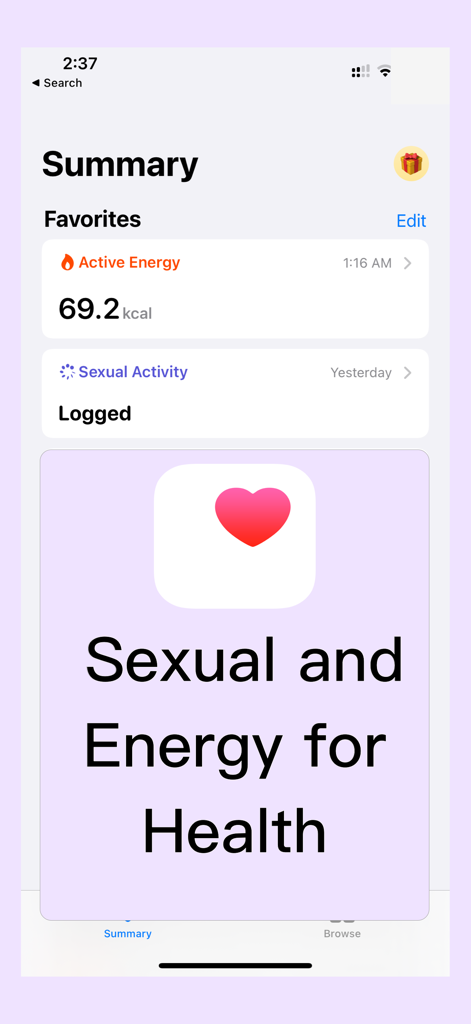 Sexual Calendar - Panel de resumen de Calendario Sexual que muestra la energía activa y la actividad registrada