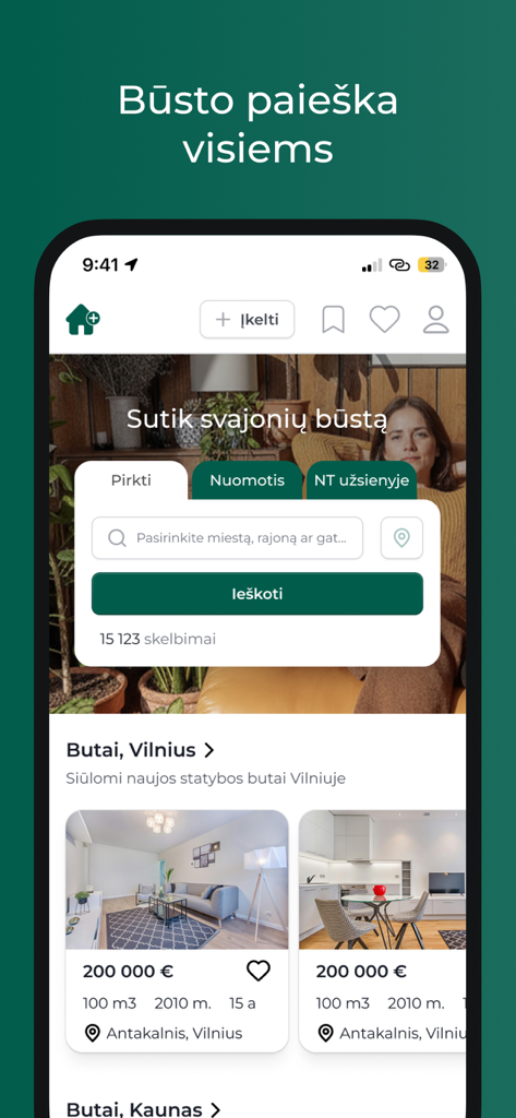 Domoplius.lt - Domoplius mobile app home screen showing real estate search filters and apartment listings in Vilnius Lithuania