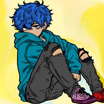 a male hoddie ripped jeans messy hair anime