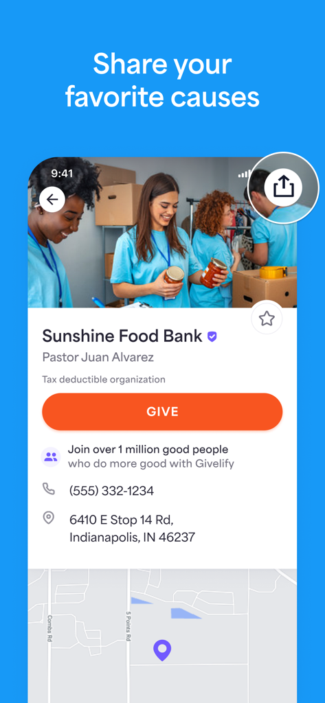 Givelify Mobile Giving App - Givelify mobile app displaying a donation profile for Sunshine Food Bank with a call to action button.