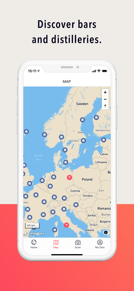 JUNIPER - App for Gin Lovers - Mobile app screen showing a map of Europe with markers for gin bars and distilleries