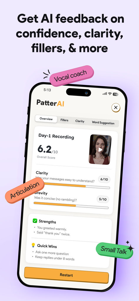 PatterAI app interface showing AI analysis of speech recording with scores for clarity and brevity