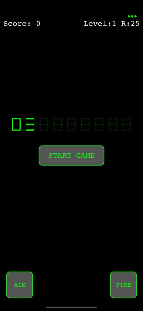 Digi Invaders - Start menu of the Digi Invaders game showing a retro green LCD display on a black background with Start Aim and Fire buttons