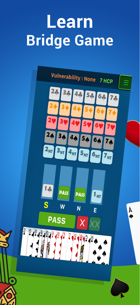 Bridge Card Game Classic - ビディングオプションとカードが表示されたブリッジカードゲームクラシックのビディング画面インターフェース