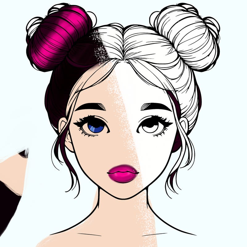 realistic girl with two buns on top of her head