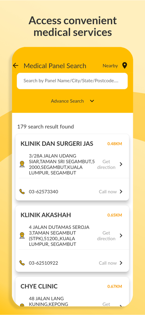 A list of nearby clinics in the Etiqa plus mobile app medical panel search feature