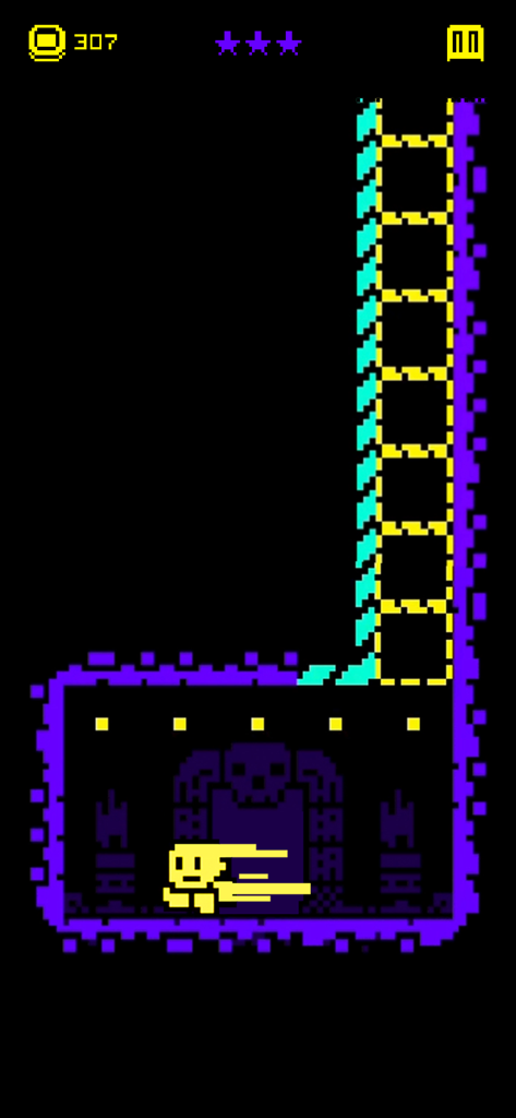 Tomb of the Mask: Pixel Maze - Un personaje amarillo se desplaza a través de un laberinto de tumba pixelado en púrpura neón y negro.