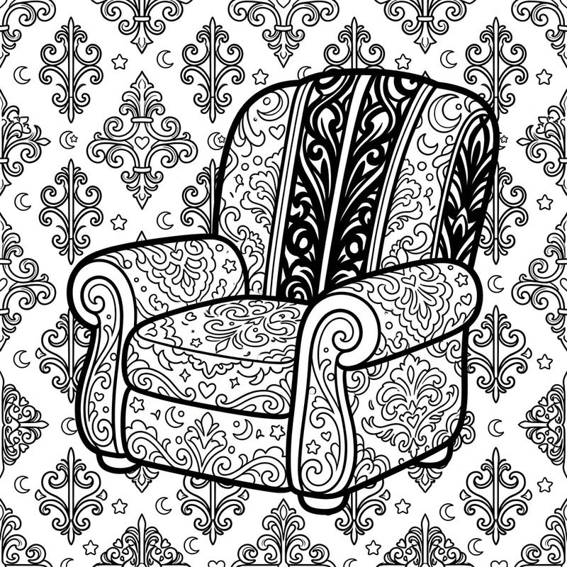 This unique coloring page combines the comfort of a recliner with charming Kawaii aesthetics and an elegant Gothic vibe, offering a delightful blend of styles. Dive into intricate patterns and find your artistic escape with this cozy yet mysterious design.