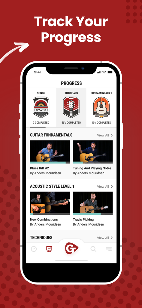 Guitar Lessons - Guitar Tricks - Panel de la aplicación Guitar Tricks que muestra el seguimiento del progreso de las lecciones y tutoriales en video