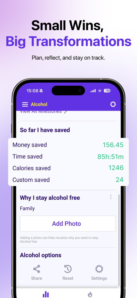 Sobriety Tracker Day Counter - Tela de smartphone do aplicativo Sobriety Tracker mostrando dinheiro total e tempo economizados desde que parou de beber álcool.