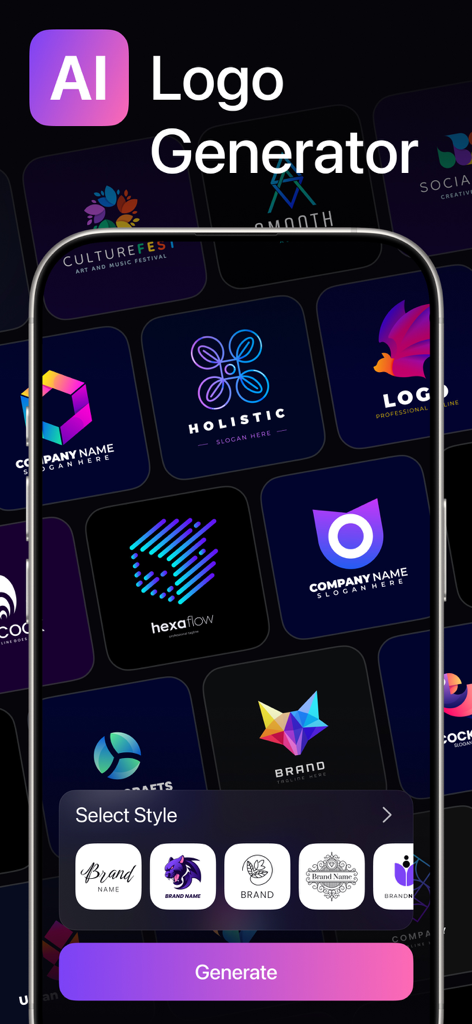 AI Logo - Generator & Maker - AI logo generator interface with various design styles and branding templates