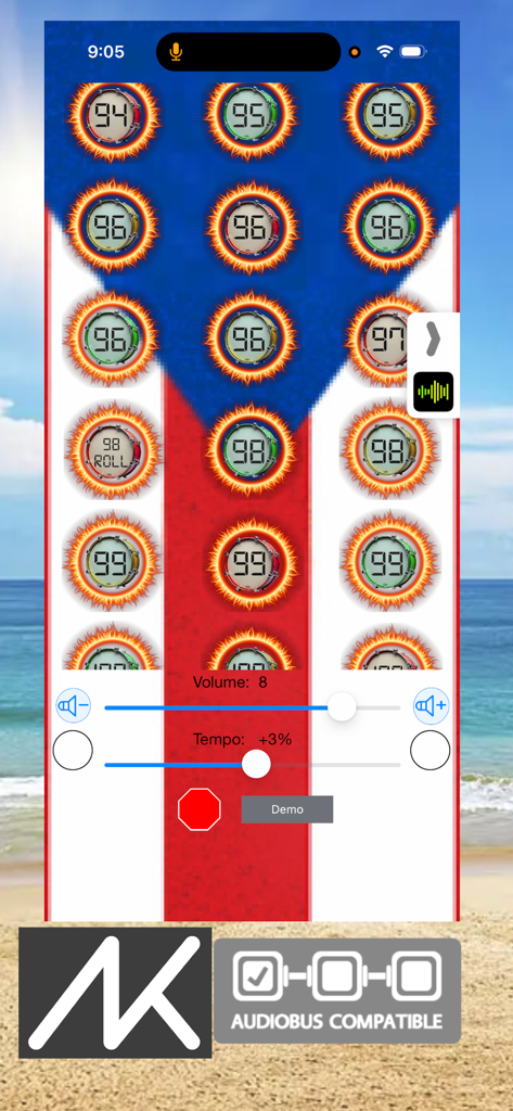 Reggaeton Roots Drum Loops - Reggaeton Roots Drum Loops mobile app interface showing a grid of drum beat selections with BPM labels and tempo sliders