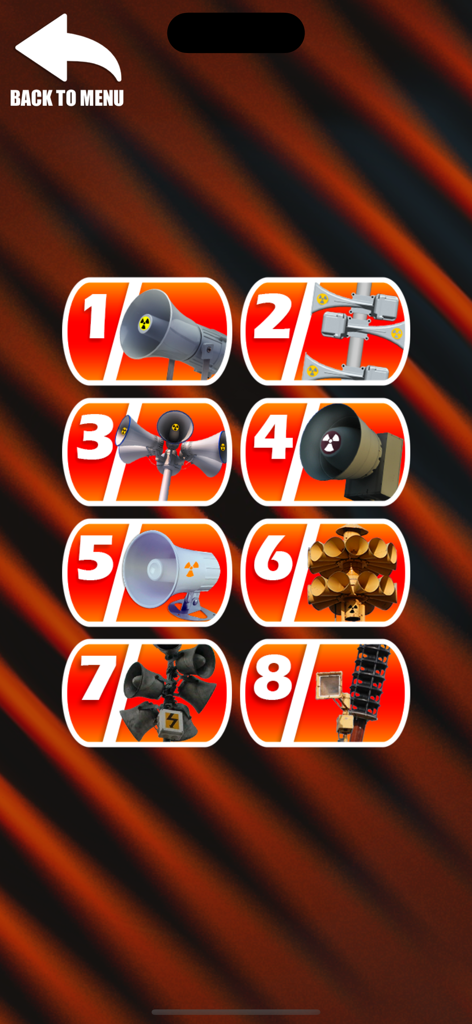 アプリのメニュー画面。8種類（1から8まで番号付け）の緊急サイレンが表示されています。