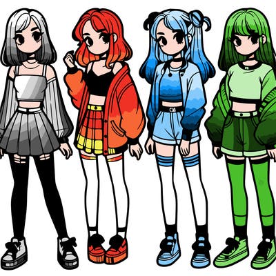 one girl with crop-top shirt and a jacket with a skirt, long socks and another girl with a shirt and pants with a jacket