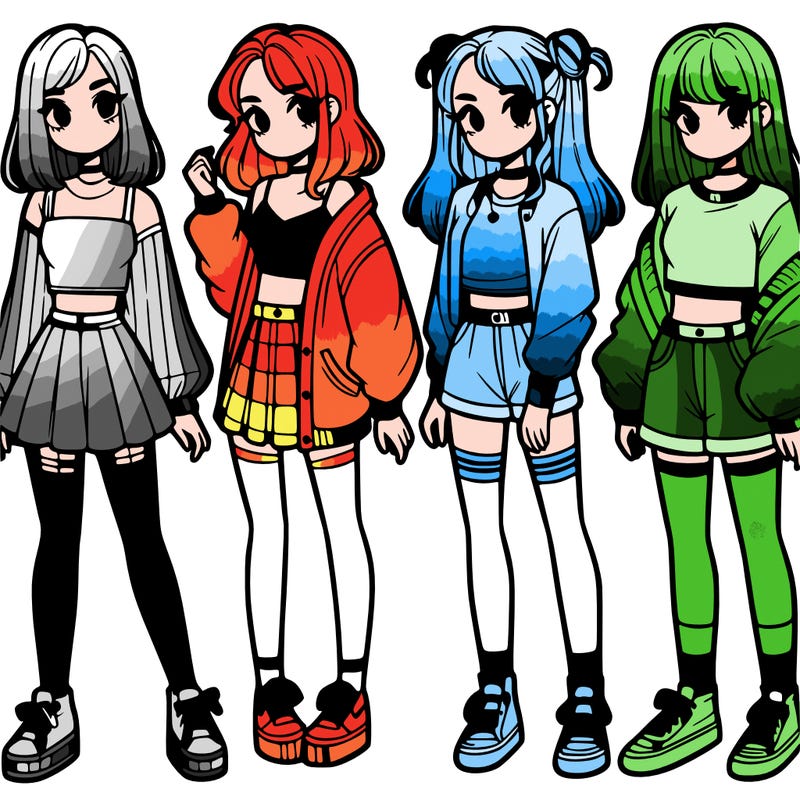 one girl with crop-top shirt and a jacket with a skirt, long socks and another girl with a shirt and pants with a jacket