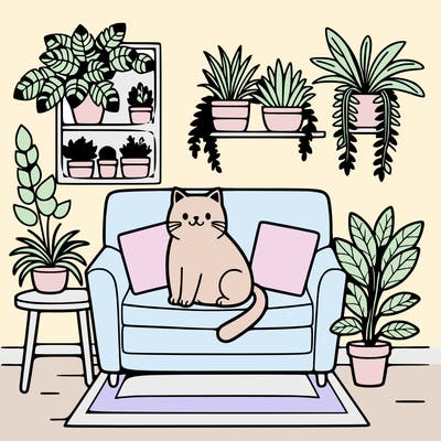 cat on a sofa in a room full of plants