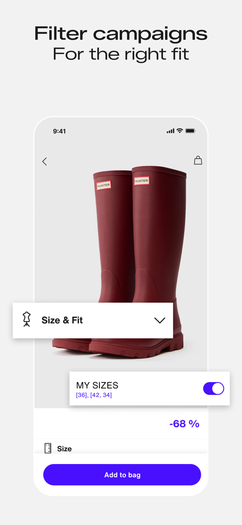 Ecrã da aplicação móvel Lounge by Zalando mostrando opções de tamanho e ajuste para botas vermelhas