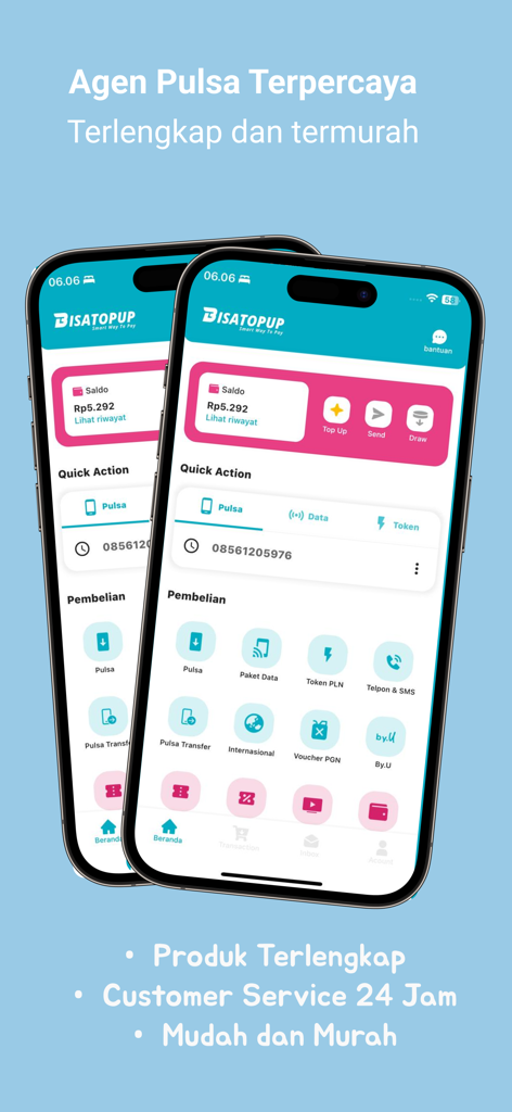 Bisatopup | Agen PPOB Termurah - Bisatopup mobile app interface showing options for phone credit and bill payments