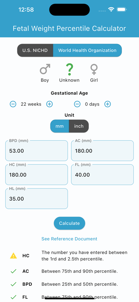 Fötalgewicht-Perzentil-Rechner-App, die Ultraschallmessungen für eine 22-wöchige Schwangerschaft und Ergebnisse von Wachstumperzentilen zeigt.