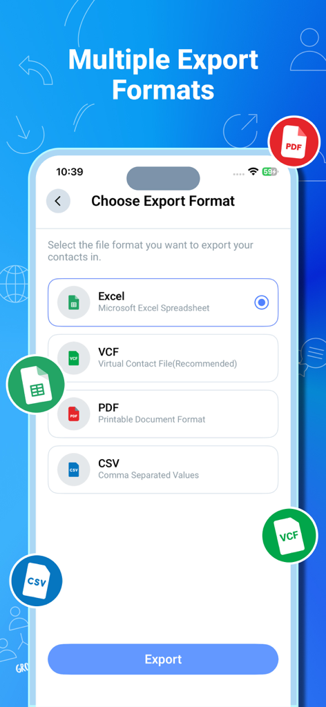 Contact to Excel, Vcf, Pdf - Écran d'application mobile montrant les options pour exporter des contacts dans des formats Excel, VCF, PDF ou CSV