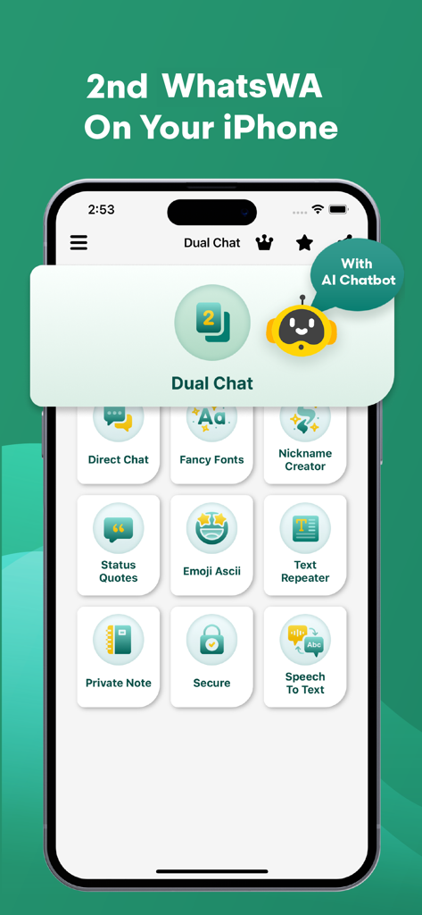 Écran d'iPhone montrant les fonctionnalités de l'application Dual Web Chat, y compris la connexion à deux comptes et un chatbot IA