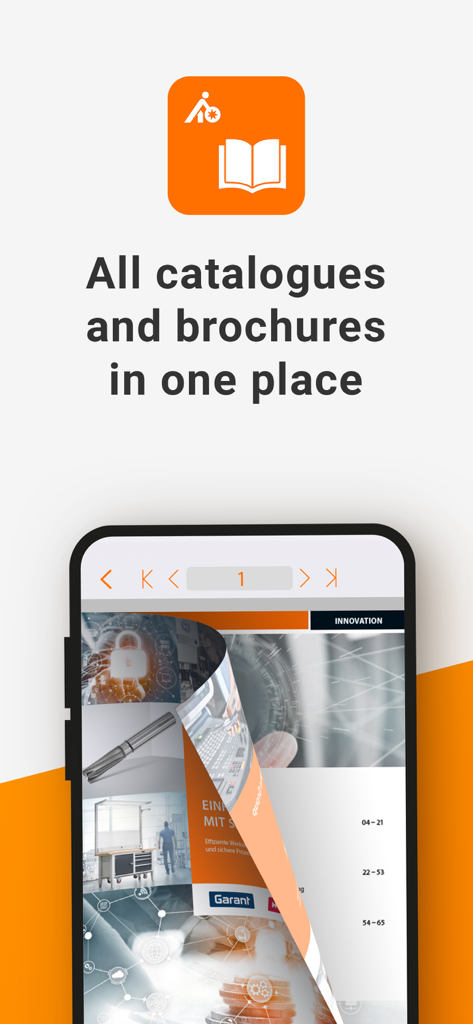 Hoffmann Group flip catalogue - Hoffmann Group App-Oberfläche, die digitale industrielle Werkzeugkataloge auf einem Smartphone mit Umblättereffekt anzeigt