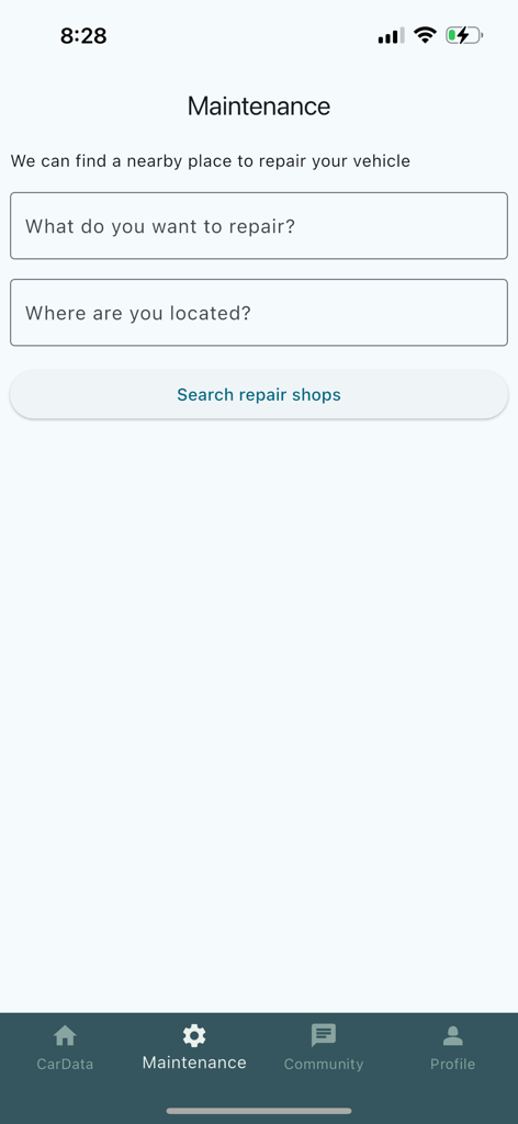 Car-Data - Écran de maintenance pour rechercher des garages automobiles à proximité dans l'application Car-Data
