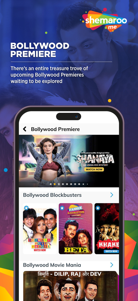 ShemarooMe app screen showcasing Bollywood premieres and classic Indian blockbusters.