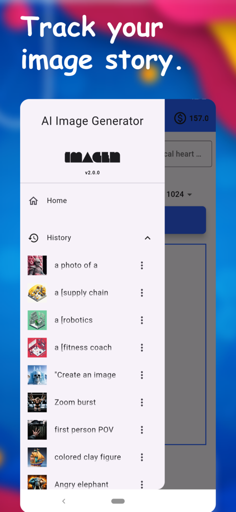 Imagen AIアプリの履歴セクション。生成された画像とその対応するテキストプロンプトのリストが表示されています。