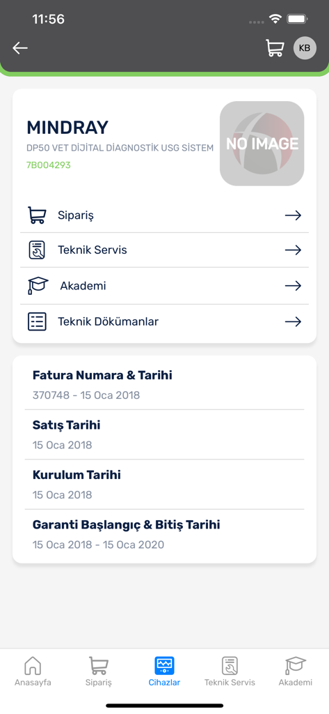 Hasvet - Tela móvel do aplicativo Hasvet exibindo detalhes de equipamentos de diagnóstico veterinário e opções de serviço