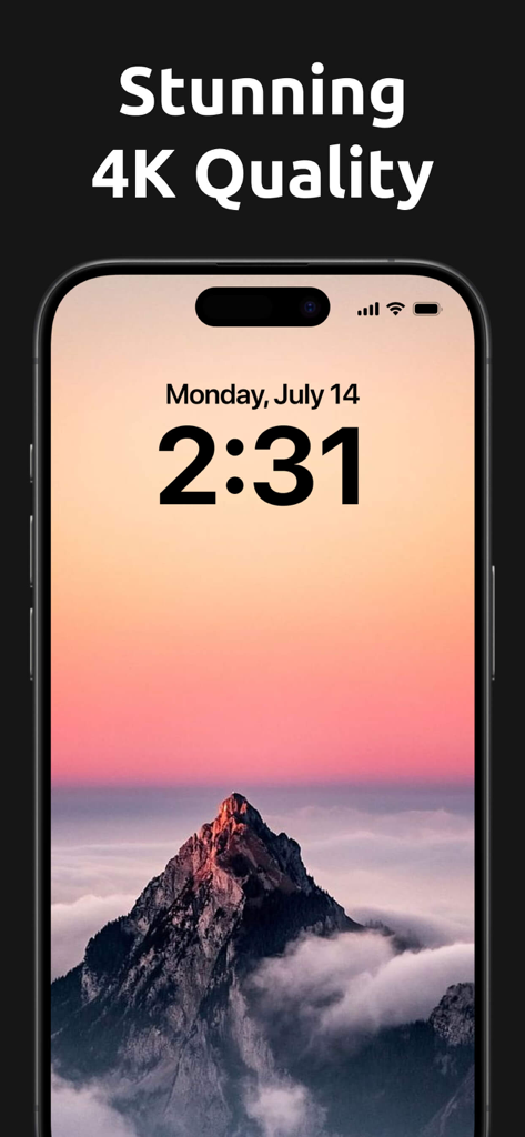 Wallpapers HD, 4K & Live - Una pantalla de bloqueo de iPhone mostrando un fondo de pantalla de naturaleza en 4K de alta resolución con la cima de una montaña sobre las nubes