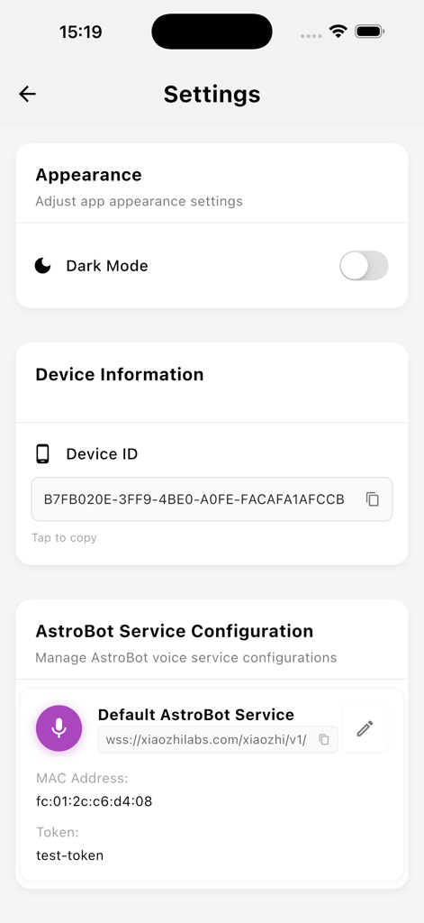 AI-AstroBot - Tela de configurações do aplicativo AI-AstroBot com alternância de modo escuro e configuração de serviço de dispositivo.