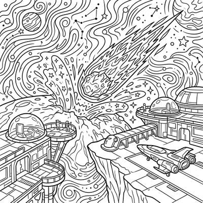 Prepare for an out-of-this-world coloring journey featuring a spectacular comet impact observed from a futuristic space station. This unique design combines the thrill of a celestial event with the excitement of a space vacation.