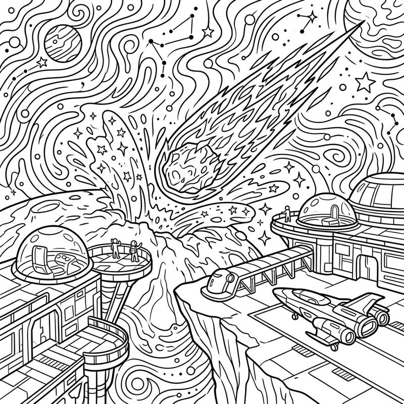 Prepare for an out-of-this-world coloring journey featuring a spectacular comet impact observed from a futuristic space station. This unique design combines the thrill of a celestial event with the excitement of a space vacation.