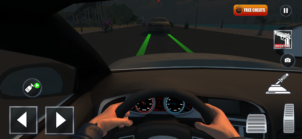 Police Simulator 2: Open World - First-person cockpit view of a player driving a car at night in Police Simulator 2