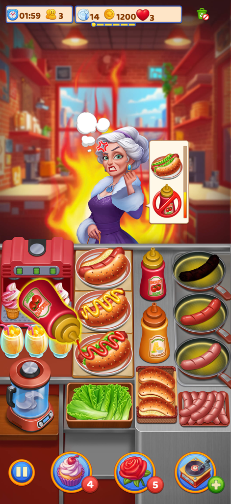 Cooking Ready - Juego vertical de Cooking Ready mostrando a un cliente enfadado y la preparación de hot dogs