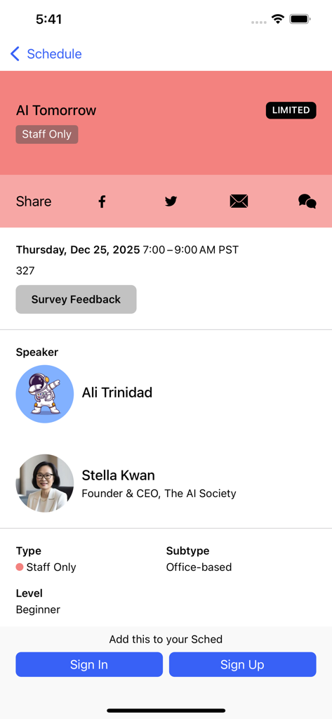 Screenshot of the Sched app displaying details for an event session titled AI Tomorrow