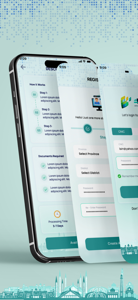 PAK App - Telas de celular do aplicativo PAK mostrando formulários de registro e interface de login para serviços do governo paquistanês.