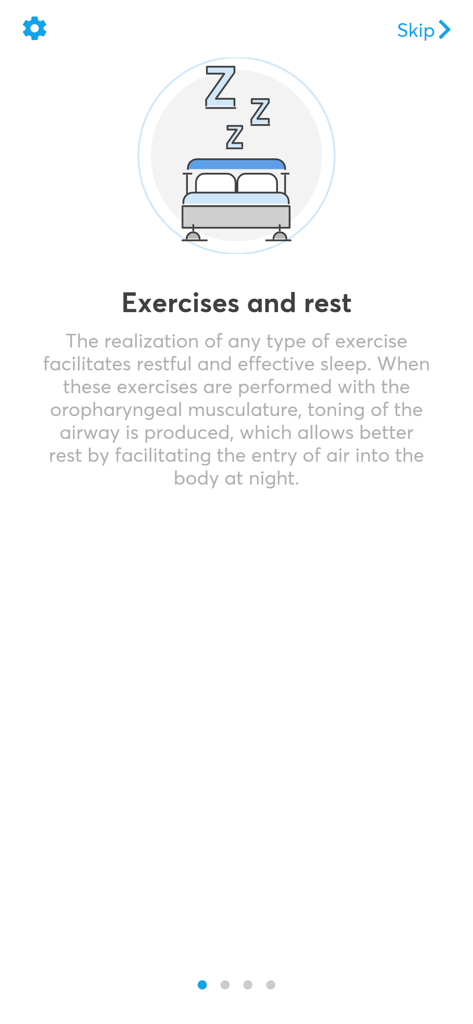 Airway Gym - Airway Gym onboarding screen titled Exercises and rest explaining how muscle toning improves sleep