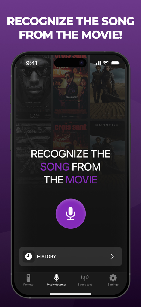 Universal Remote TV Control ㅤ - Captura de pantalla de la función de detector de música en la aplicación Control Remoto Universal TV para reconocer canciones de películas